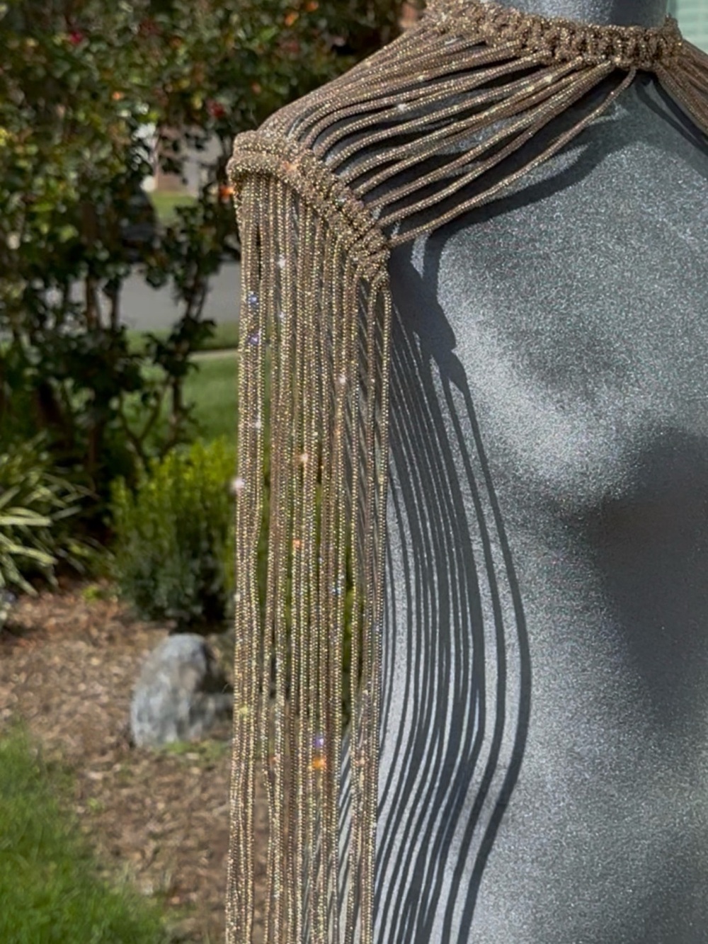 Hand Crafted Gold Rhinstine Rope Fringe Shoulder Draping - Picture 4 of 6